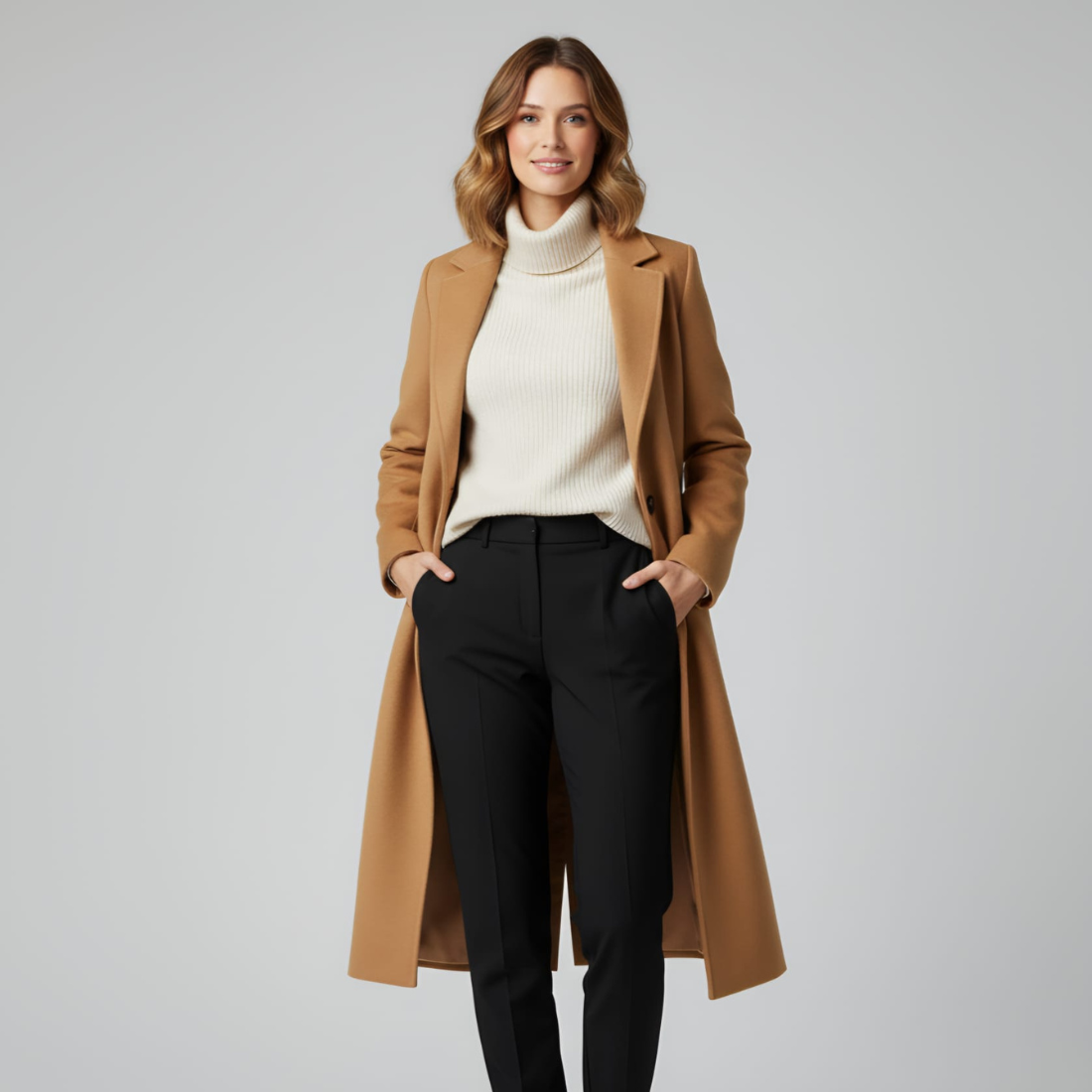 Kobieta w brązowym płaszczu i białym swetrze z golfem stoi pewnie z rękami w kieszeniach. Ma na sobie czarne spodnie i uśmiecha się na szarym tle.