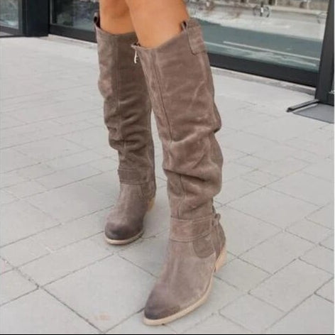 Beżowe Damskie Botki Kowbojki Western - Haftowana Cholewka, Nosek w Szpic, Obcas Typu Słupek