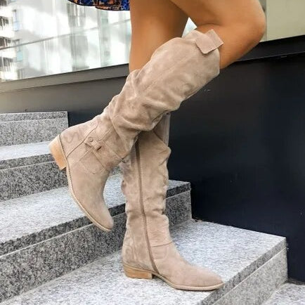 Beżowe Damskie Botki Kowbojki Western - Haftowana Cholewka, Nosek w Szpic, Obcas Typu Słupek