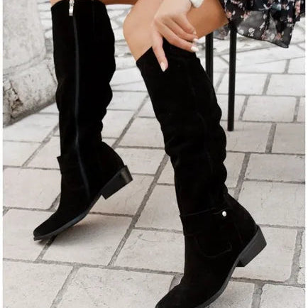 Beżowe Damskie Botki Kowbojki Western - Haftowana Cholewka, Nosek w Szpic, Obcas Typu Słupek