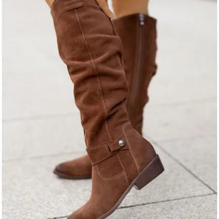 Beżowe Damskie Botki Kowbojki Western - Haftowana Cholewka, Nosek w Szpic, Obcas Typu Słupek