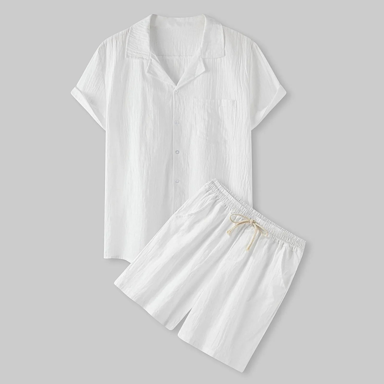 Beżowy Letni Komplet Lniany Męski - Regulowany Pas, Boczne Kieszenie