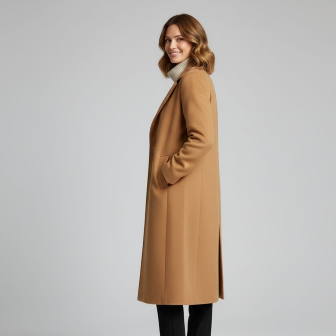 Kobieta w brązowym płaszczu i białym swetrze z golfem stoi pewnie z rękami w kieszeniach. Ma na sobie czarne spodnie i uśmiecha się na szarym tle.