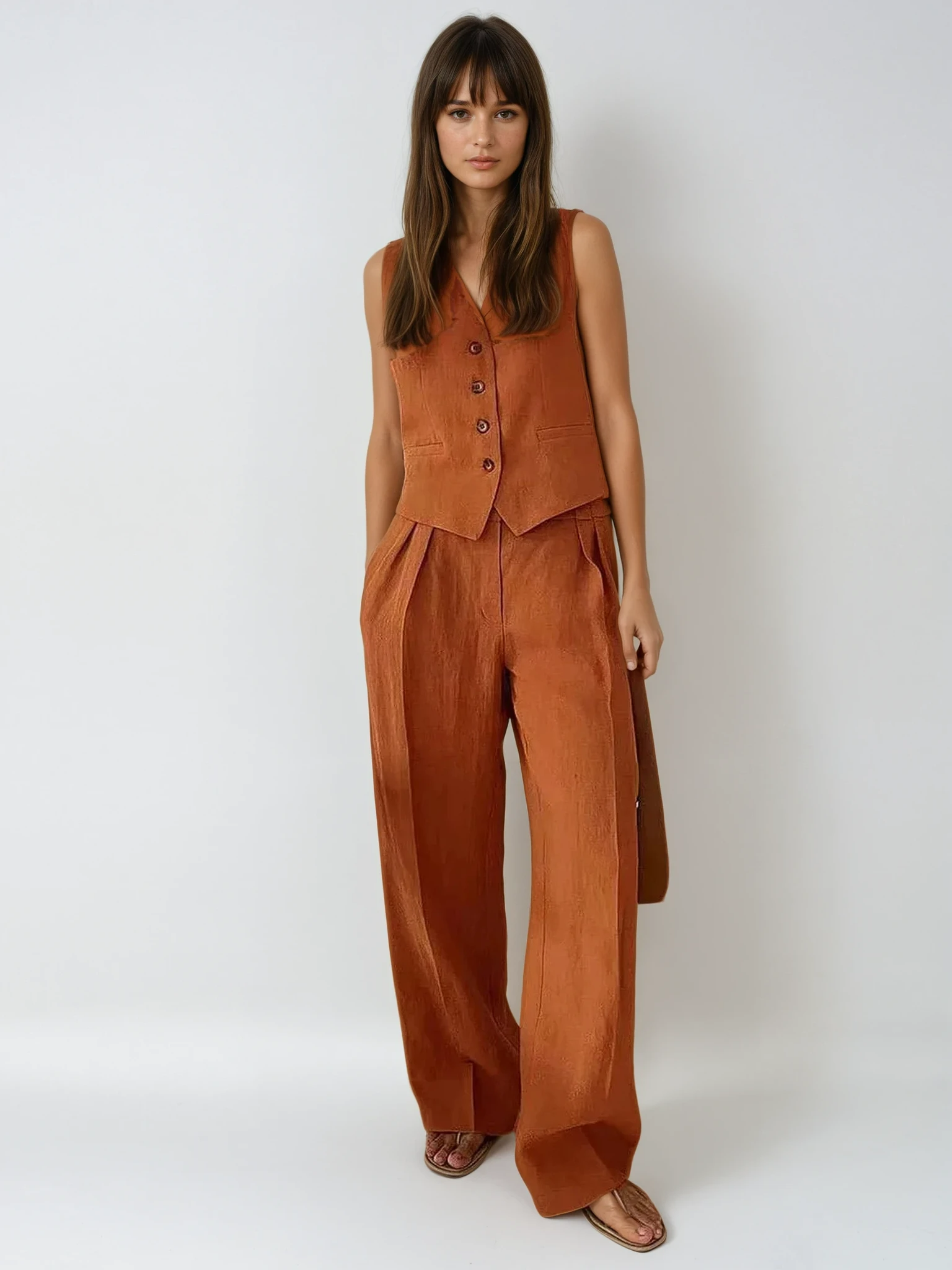 Komplet Lniany Kamizelka Spodnie Szerokie Nogawki Letni