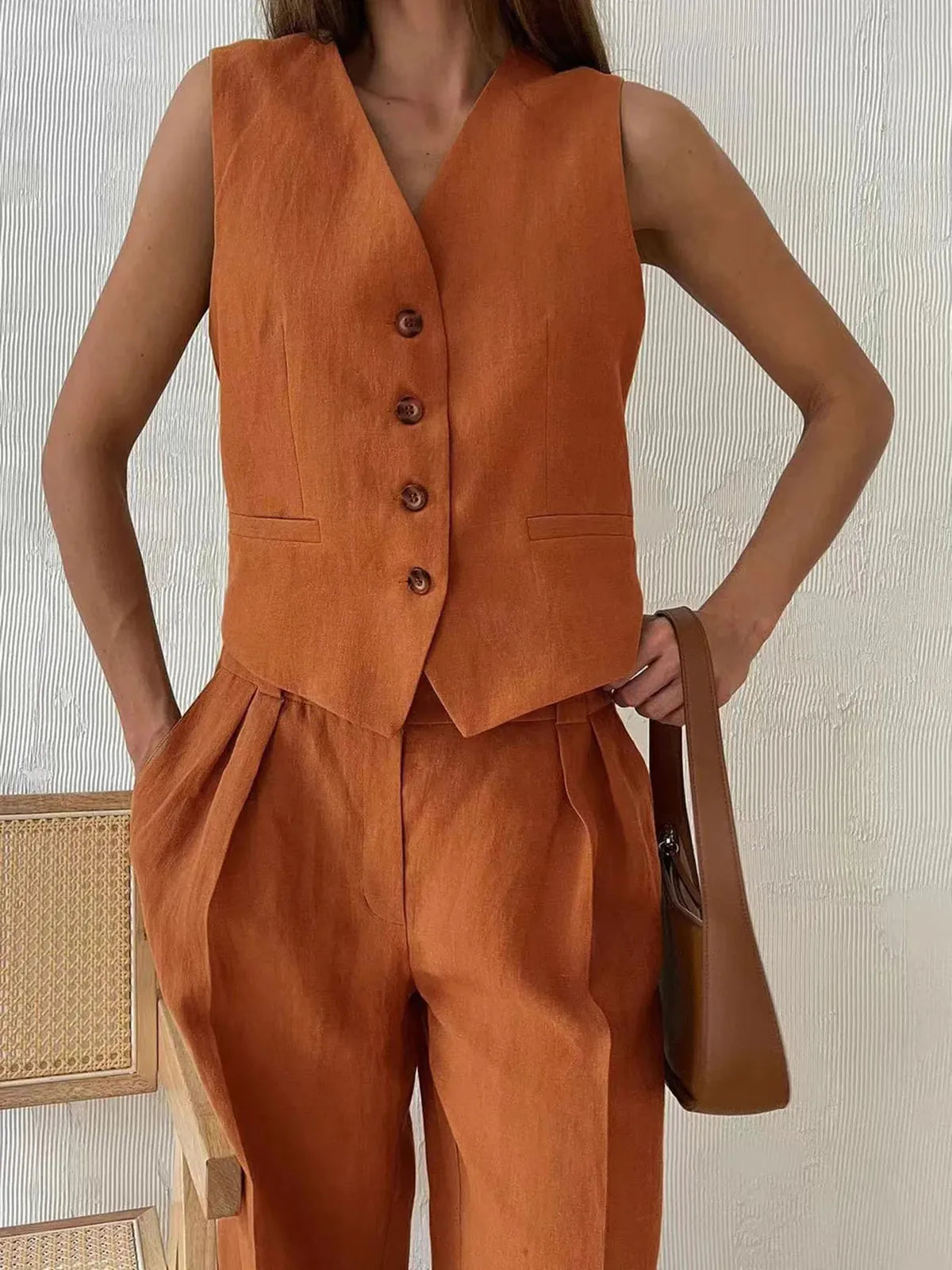 Komplet Lniany Kamizelka Spodnie Szerokie Nogawki Letni