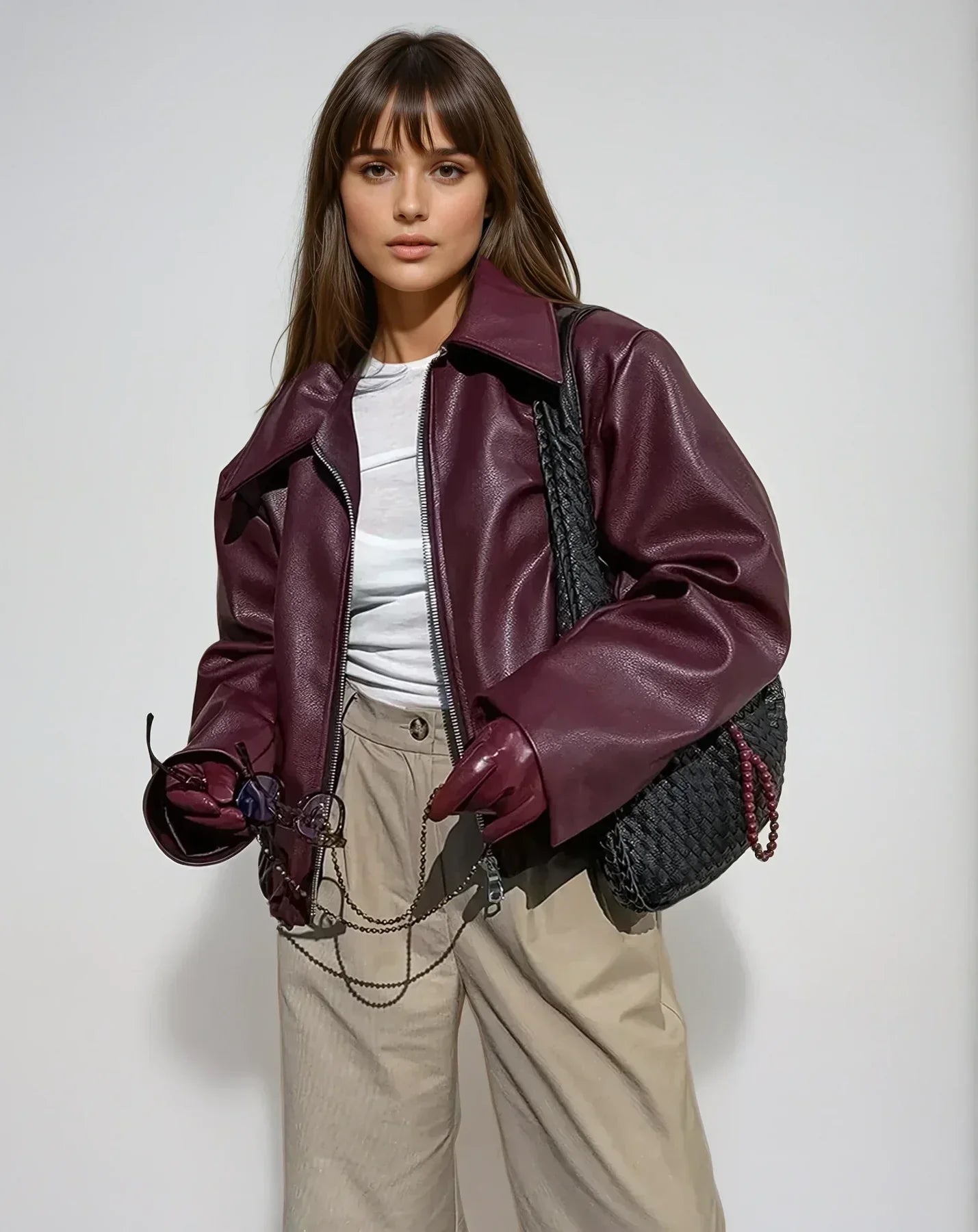 Damska Bordowa Kurtka Bomber - Oversize, Eko-skóra, Styl Vintage