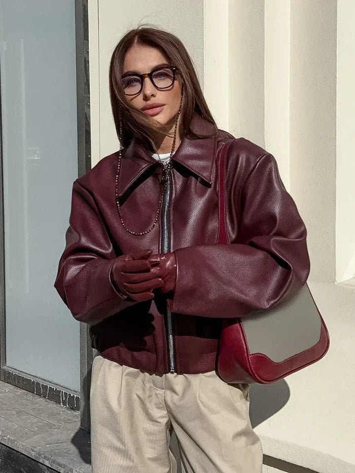 Damska Bordowa Kurtka Bomber - Oversize, Eko-skóra, Styl Vintage