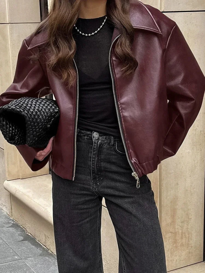 Damska Bordowa Kurtka Bomber - Oversize, Eko-skóra, Styl Vintage
