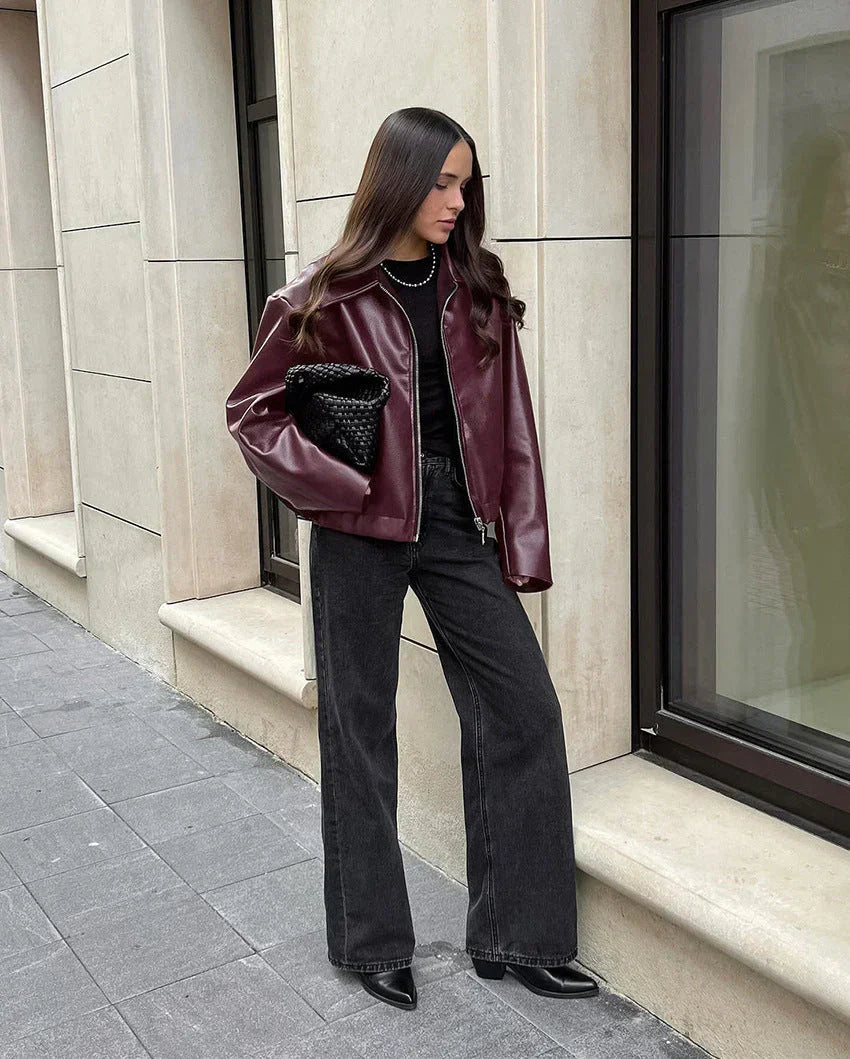 Damska Bordowa Kurtka Bomber - Oversize, Eko-skóra, Styl Vintage