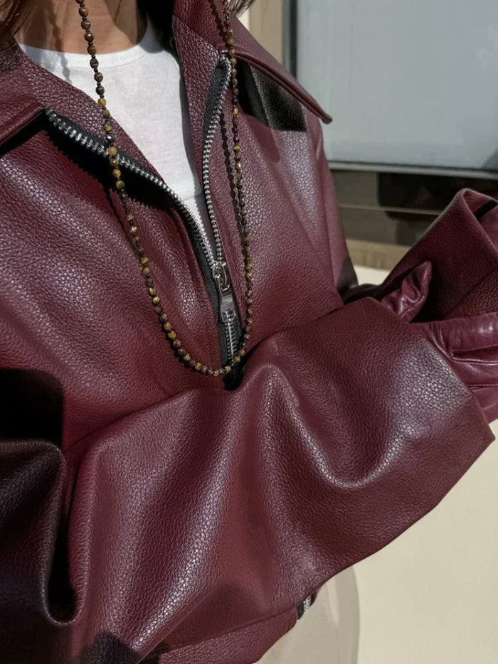 Damska Bordowa Kurtka Bomber - Oversize, Eko-skóra, Styl Vintage