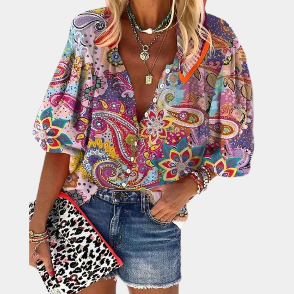 Damska bluzka boho - wzór paisley, dekolt V, bufiaste rękawy