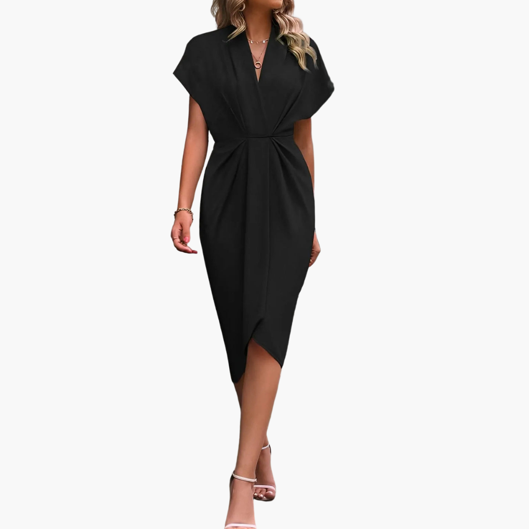 Damska sukienka koktajlowa midi o kroju kopertowym – dekolt w serek, asymetryczny dół typu tulipan