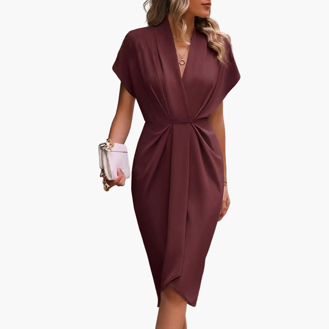 Damska sukienka koktajlowa midi o kroju kopertowym – dekolt w serek, asymetryczny dół typu tulipan
