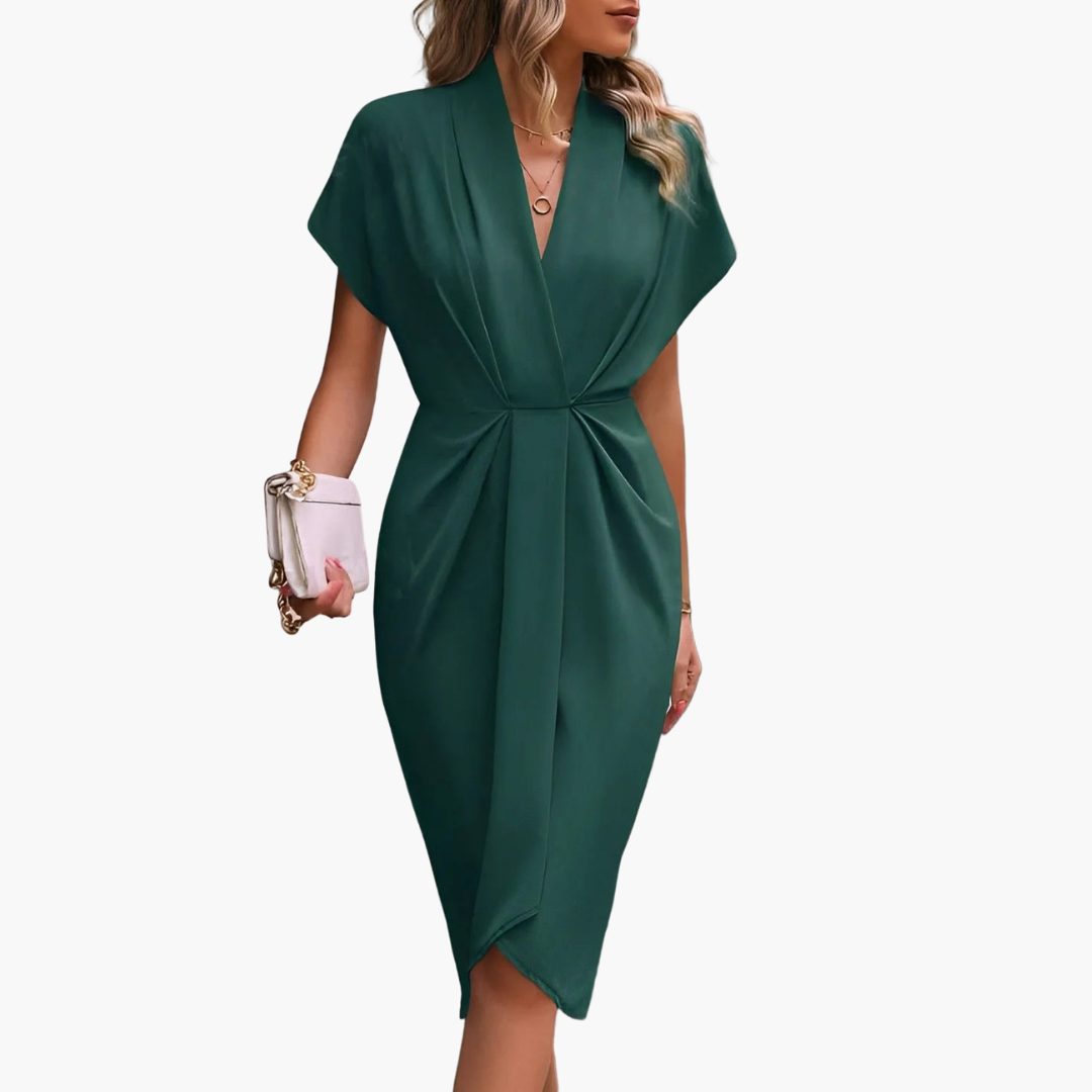 Damska sukienka koktajlowa midi o kroju kopertowym – dekolt w serek, asymetryczny dół typu tulipan