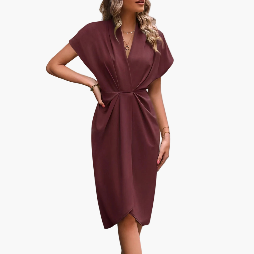 Damska sukienka koktajlowa midi o kroju kopertowym – dekolt w serek, asymetryczny dół typu tulipan