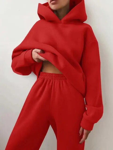 Damski Dresowy Komplet Oversize - Bluza z Kapturem, Spodnie Jogger, Ciepły Materiał