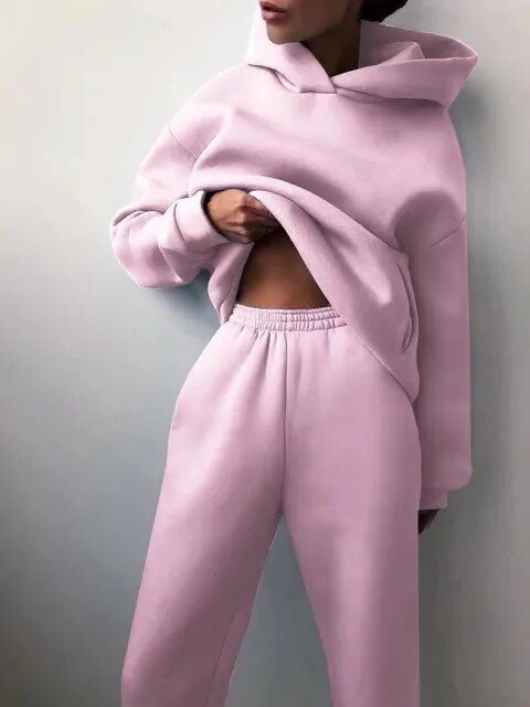 Damski Dresowy Komplet Oversize - Bluza z Kapturem, Spodnie Jogger, Ciepły Materiał