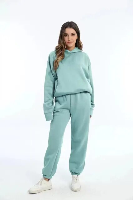 Damski Dresowy Komplet Oversize - Bluza z Kapturem, Spodnie Jogger, Ciepły Materiał