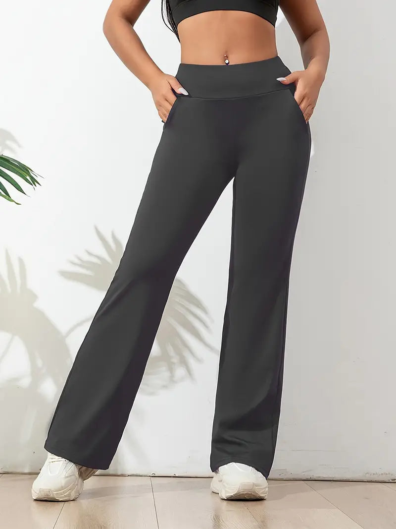 Damskie Spodnie do Jogi z Nogawkami typu Flare - Wysoki Stan, Boczne Kieszenie, Bootcut