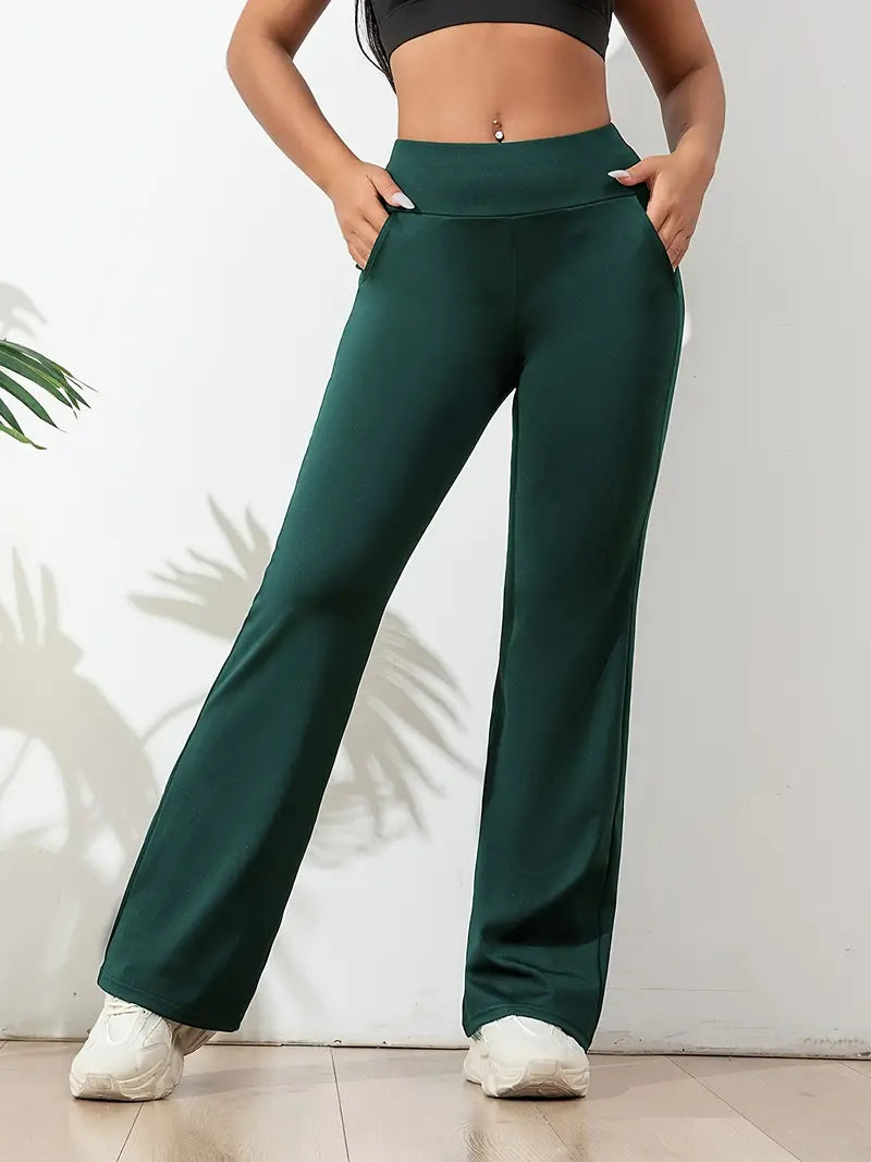 Damskie Spodnie do Jogi z Nogawkami typu Flare - Wysoki Stan, Boczne Kieszenie, Bootcut