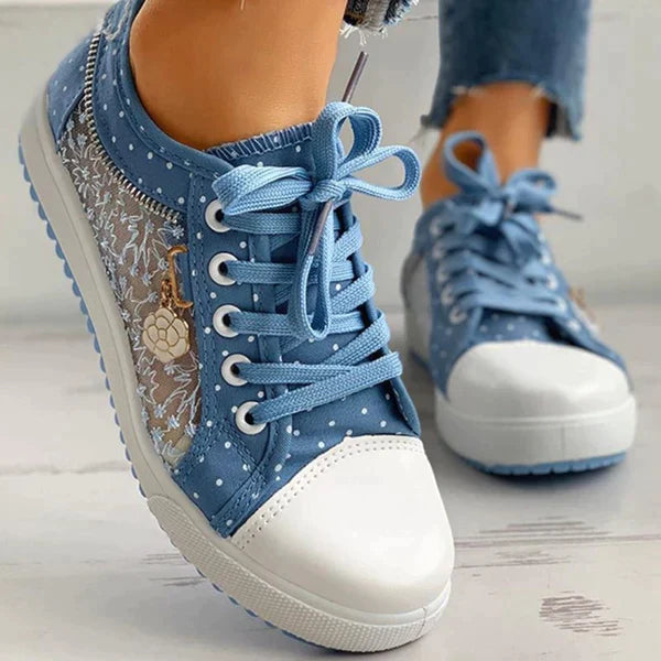 Damskie casualowe sneakersy z siateczką  wzór w kropki, przewiewne boki, sznurowany przód