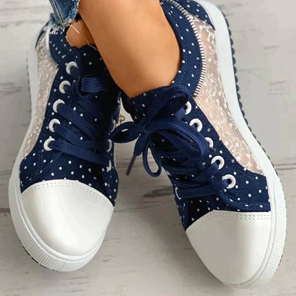 Damskie casualowe sneakersy z siateczką  wzór w kropki, przewiewne boki, sznurowany przód