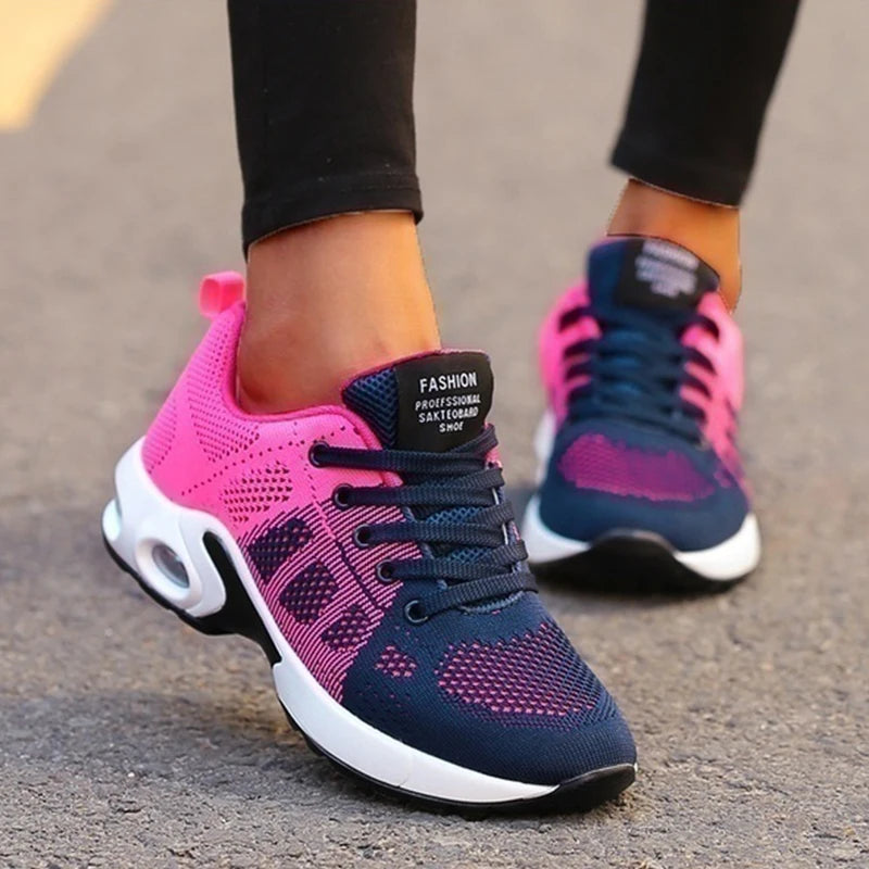 Damskie Buty Sportowe - Cholewka z Siateczki, Profilowana Podeszwa, Sznurowane