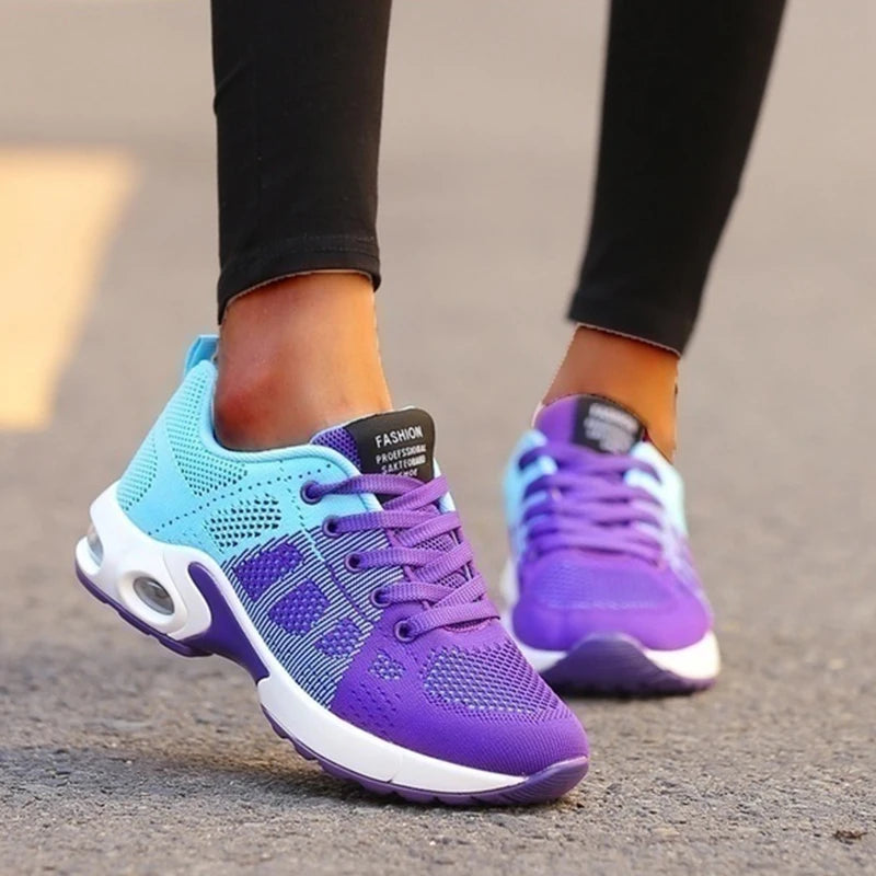 Damskie Buty Sportowe - Cholewka z Siateczki, Profilowana Podeszwa, Sznurowane