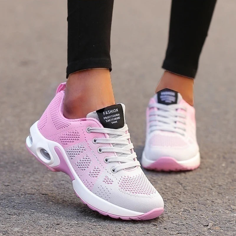 Damskie Buty Sportowe - Cholewka z Siateczki, Profilowana Podeszwa, Sznurowane