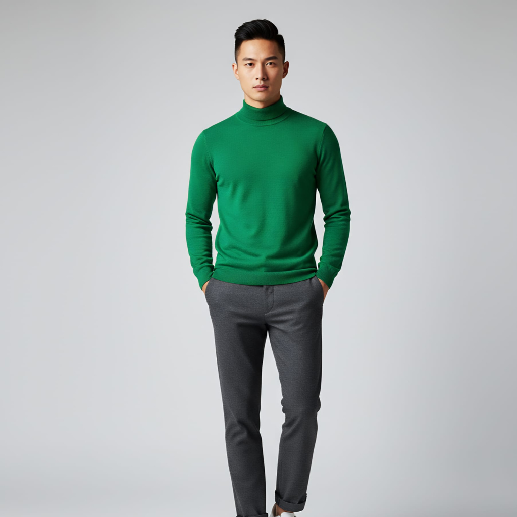 Mężczyzna ubrany w jasnozielony sweter z golfem i dopasowane spodnie w kolorze grafitowym, pokazany z przodu, z boku i z tyłu w studiu fotograficznym.