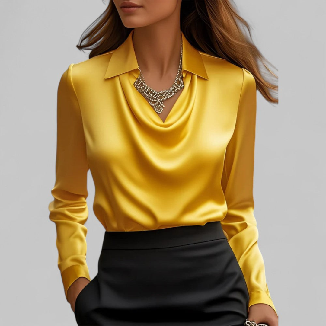 Elegancka Bluzka Satynowa Dekolt Woda, Długi Rękaw, Lśniące Wykończenie