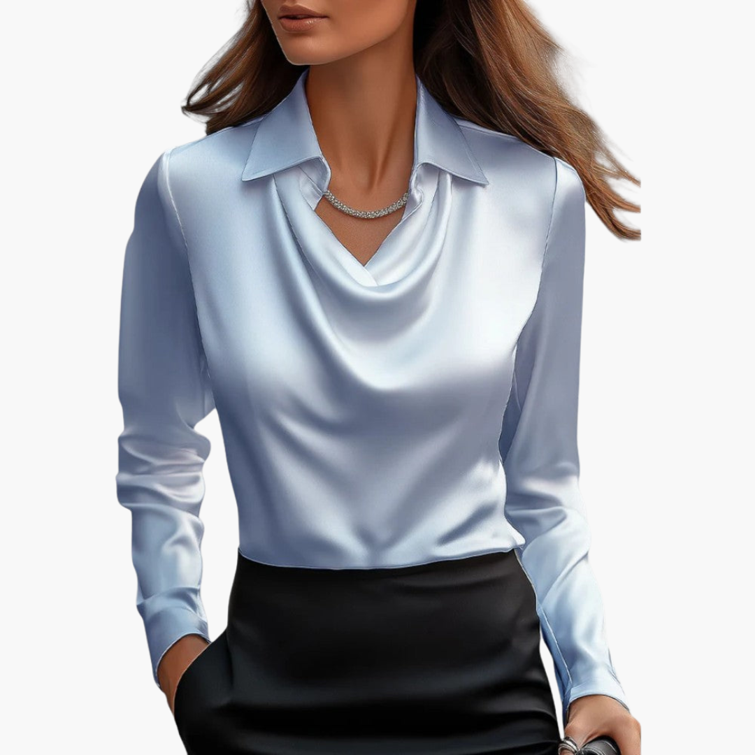 Elegancka Bluzka Satynowa Dekolt Woda, Długi Rękaw, Lśniące Wykończenie