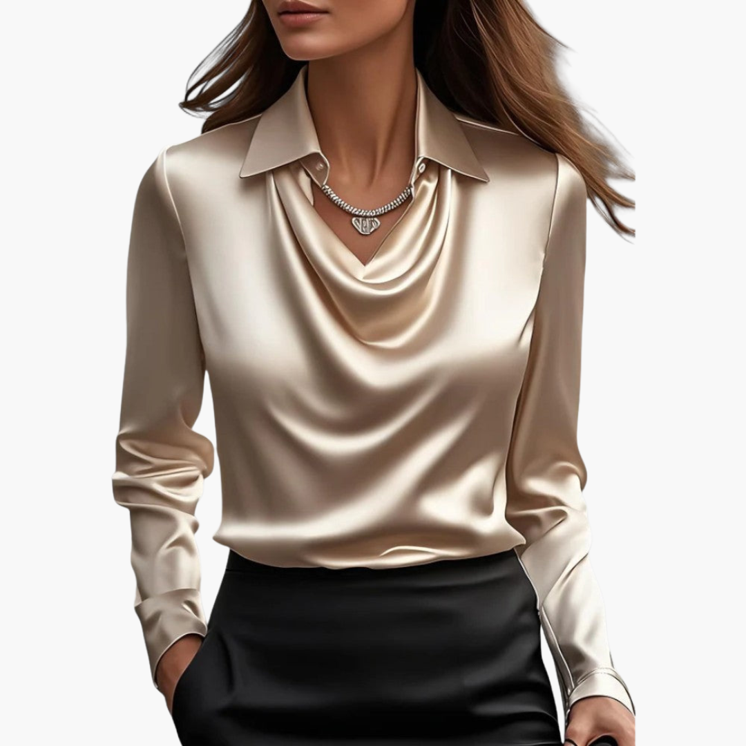 Elegancka Bluzka Satynowa Dekolt Woda, Długi Rękaw, Lśniące Wykończenie