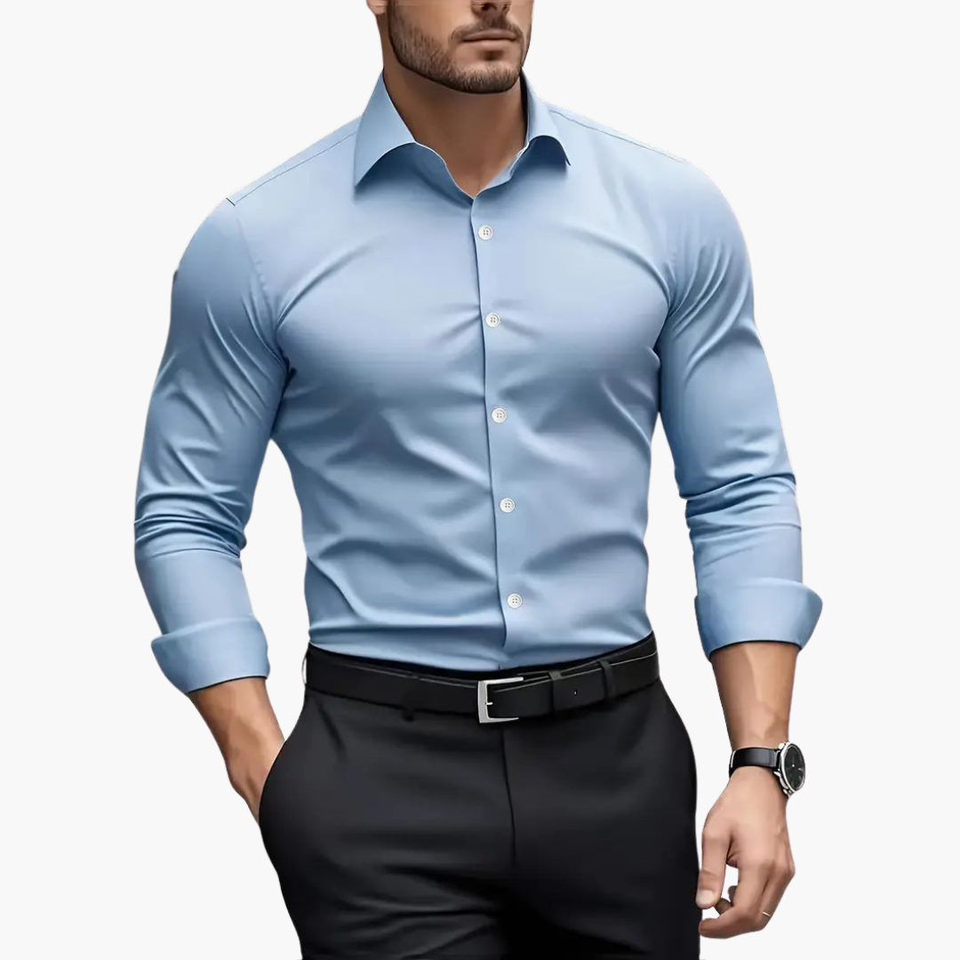 Elegancka Koszula Męska Slim Fit Klasyczny Kołnierzyk, Długi Rękaw, Gładki Wzór