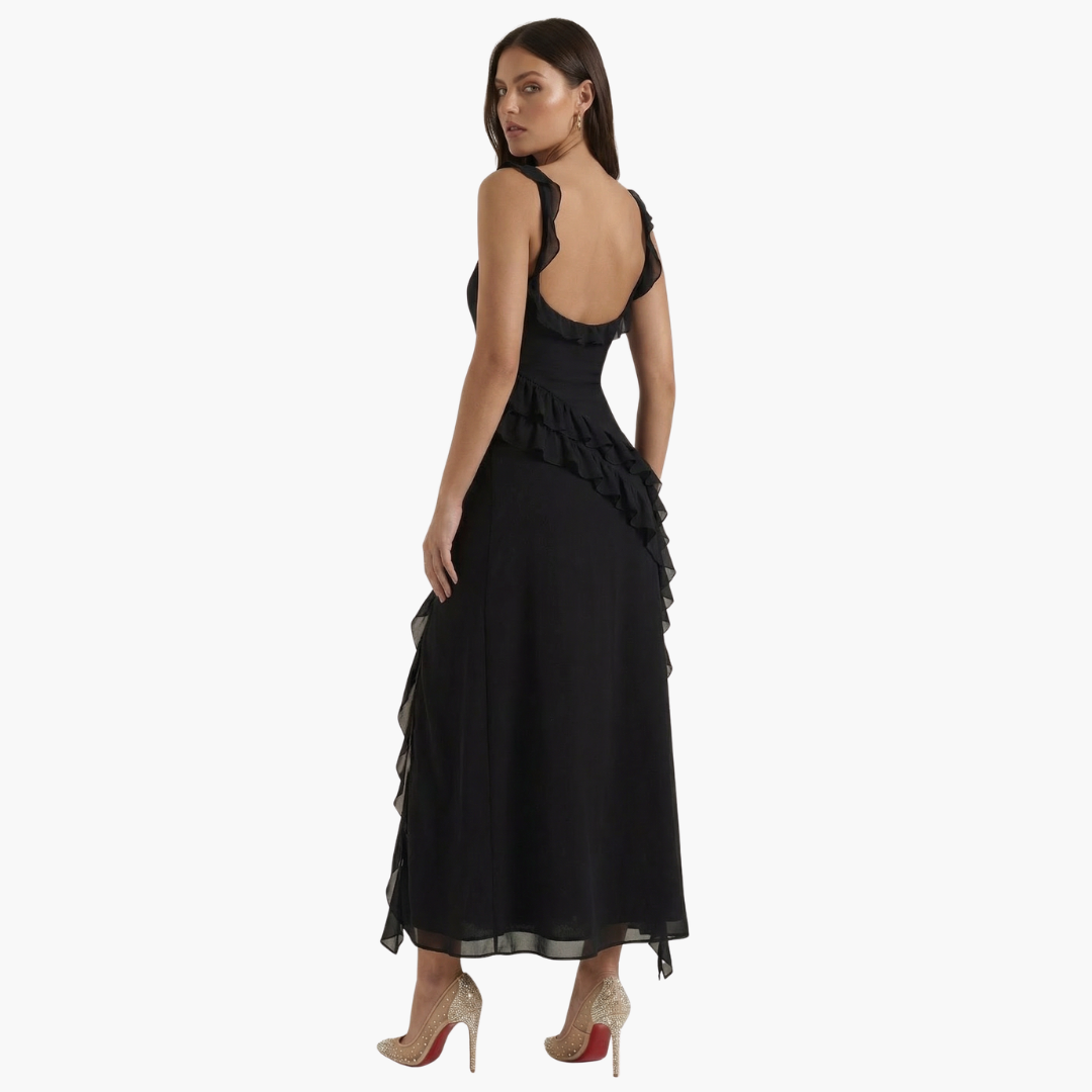 Elegancka sukienka maxi wykończenie falbanami, asymetryczny dół, bez rękawów, dopasowany fason