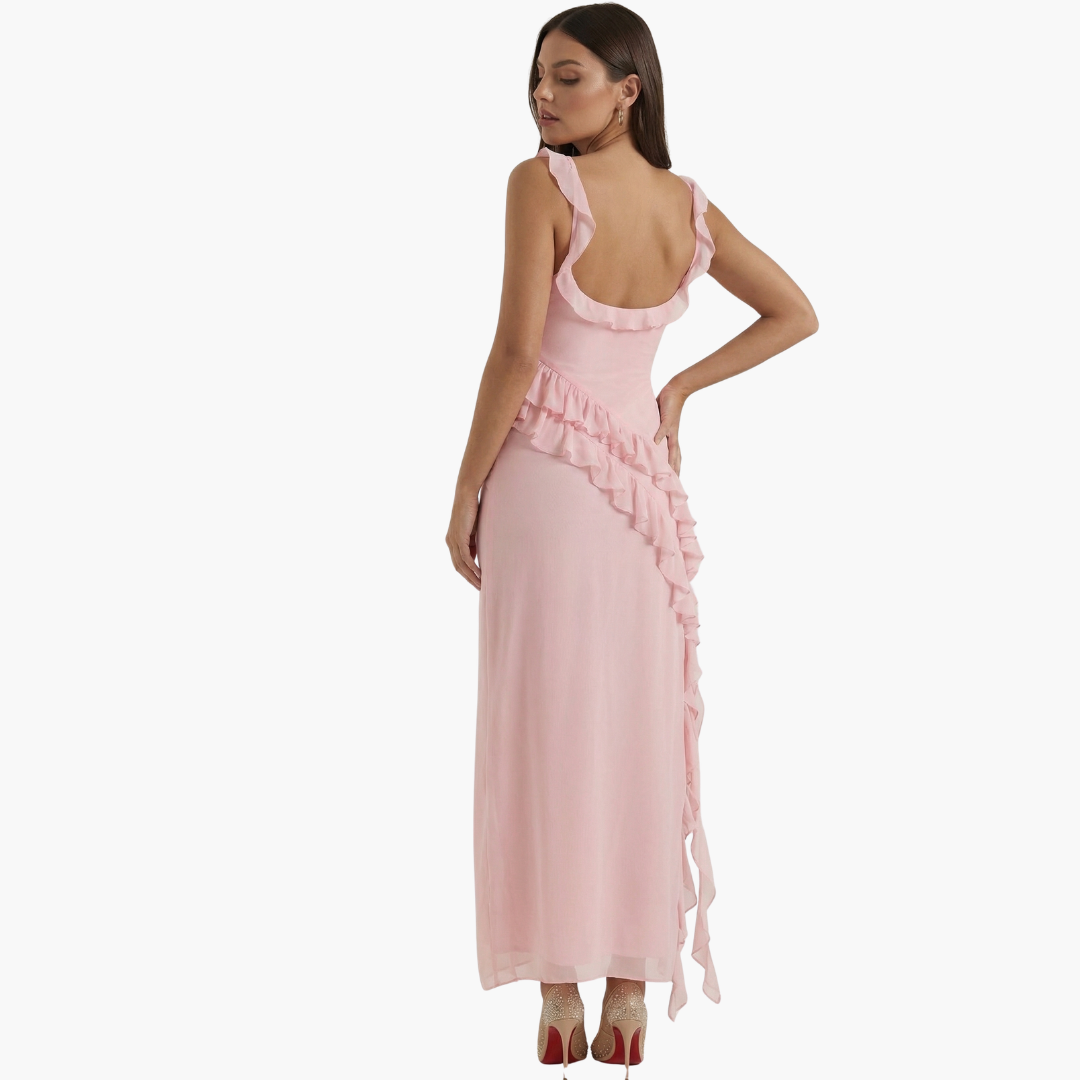 Elegancka sukienka maxi wykończenie falbanami, asymetryczny dół, bez rękawów, dopasowany fason