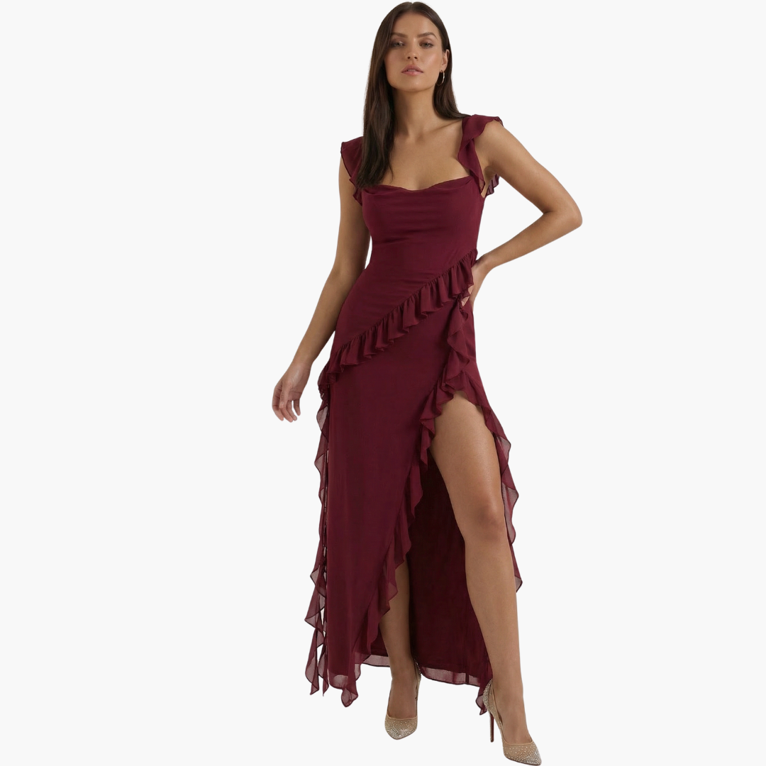 Elegancka sukienka maxi wykończenie falbanami, asymetryczny dół, bez rękawów, dopasowany fason