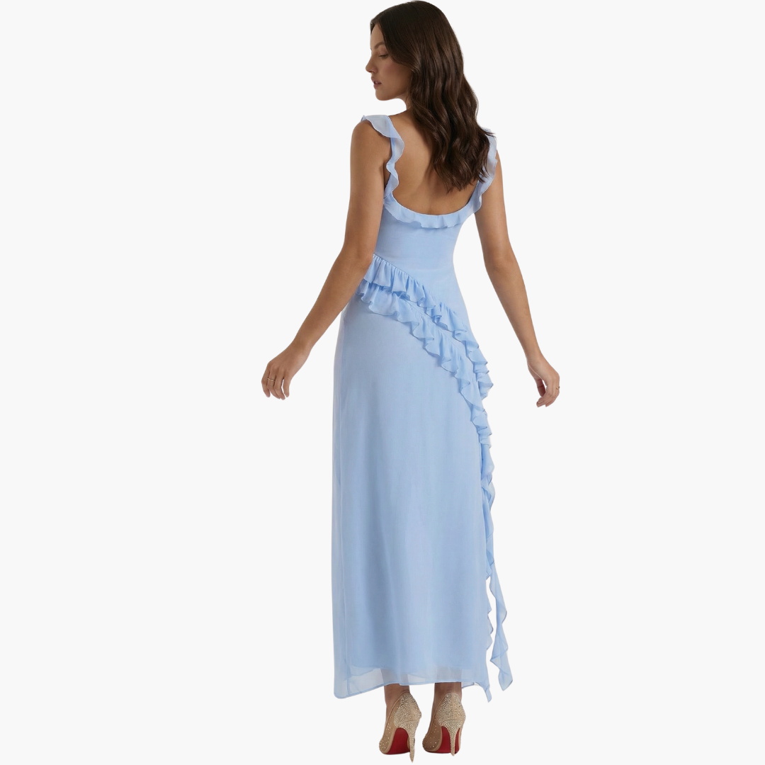 Elegancka sukienka maxi wykończenie falbanami, asymetryczny dół, bez rękawów, dopasowany fason