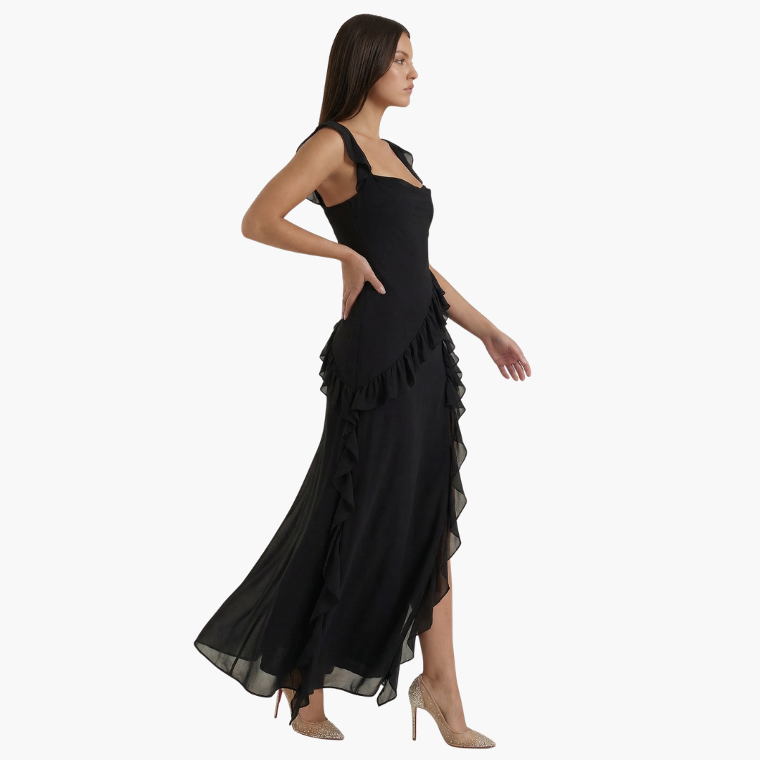 Elegancka sukienka maxi wykończenie falbanami, asymetryczny dół, bez rękawów, dopasowany fason