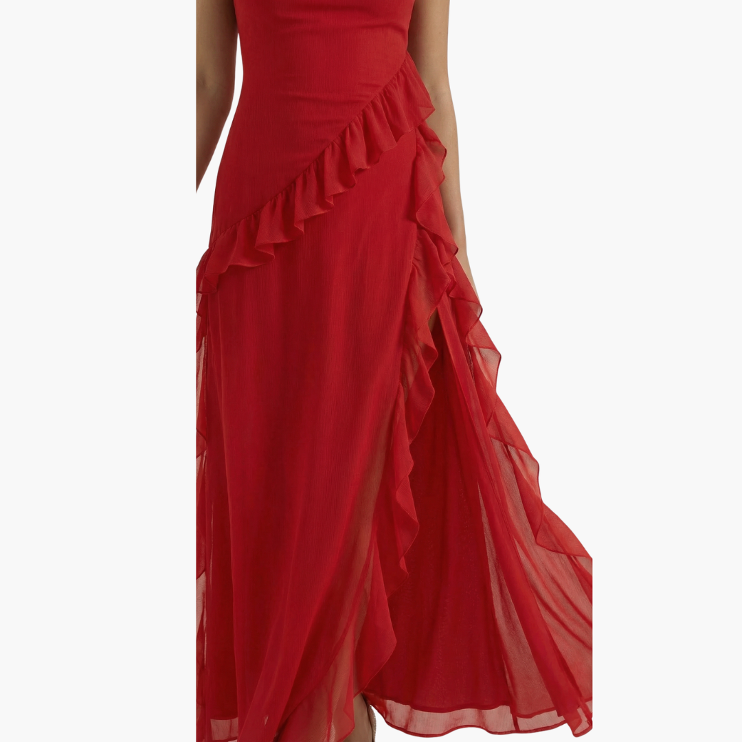 Elegancka sukienka maxi wykończenie falbanami, asymetryczny dół, bez rękawów, dopasowany fason