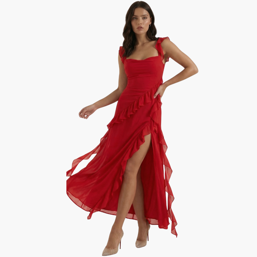 Elegancka sukienka maxi wykończenie falbanami, asymetryczny dół, bez rękawów, dopasowany fason