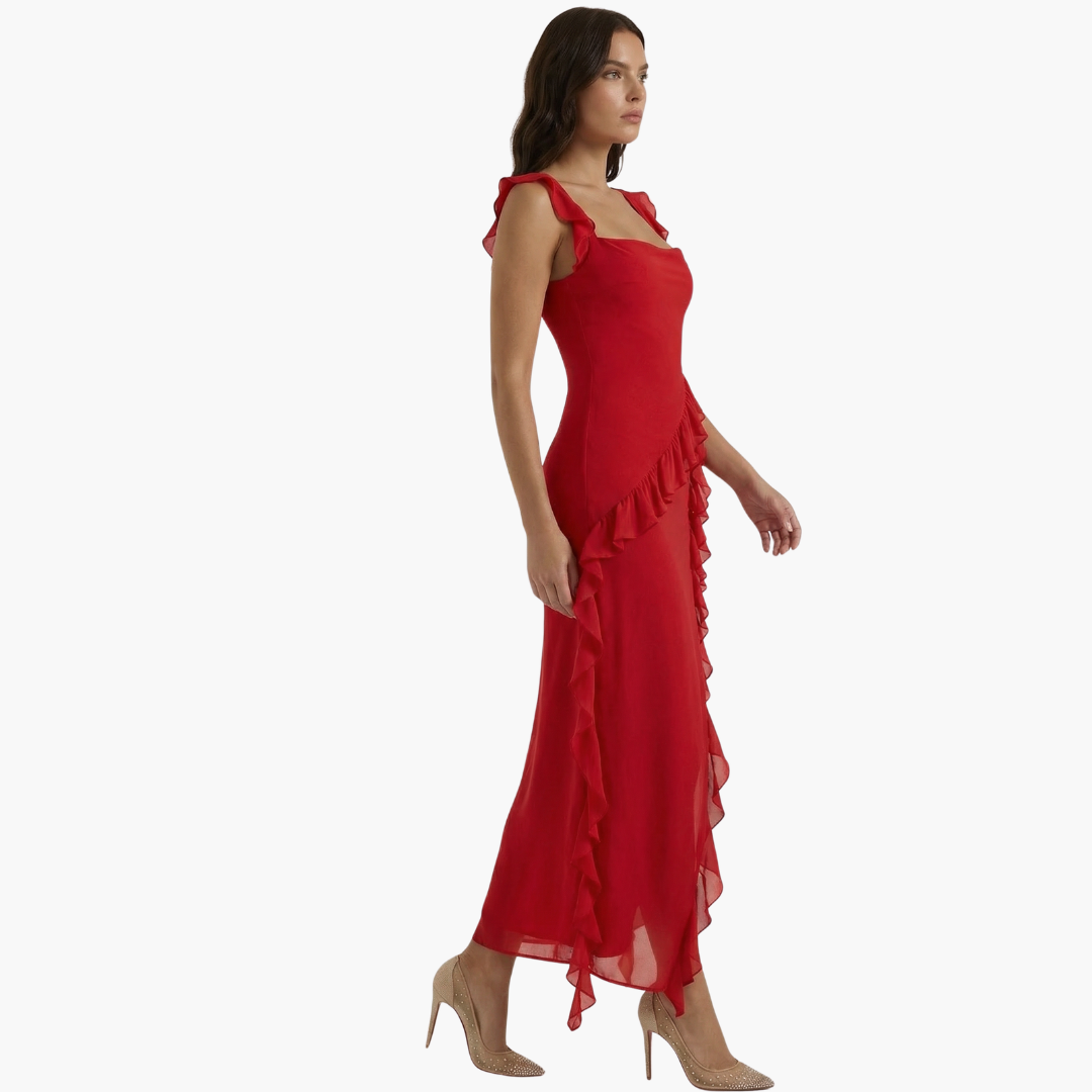 Elegancka sukienka maxi wykończenie falbanami, asymetryczny dół, bez rękawów, dopasowany fason