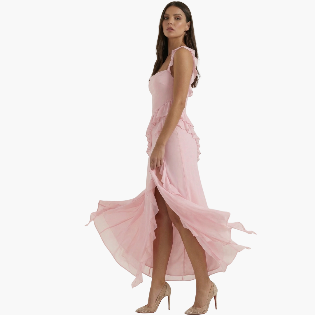 Elegancka sukienka maxi wykończenie falbanami, asymetryczny dół, bez rękawów, dopasowany fason