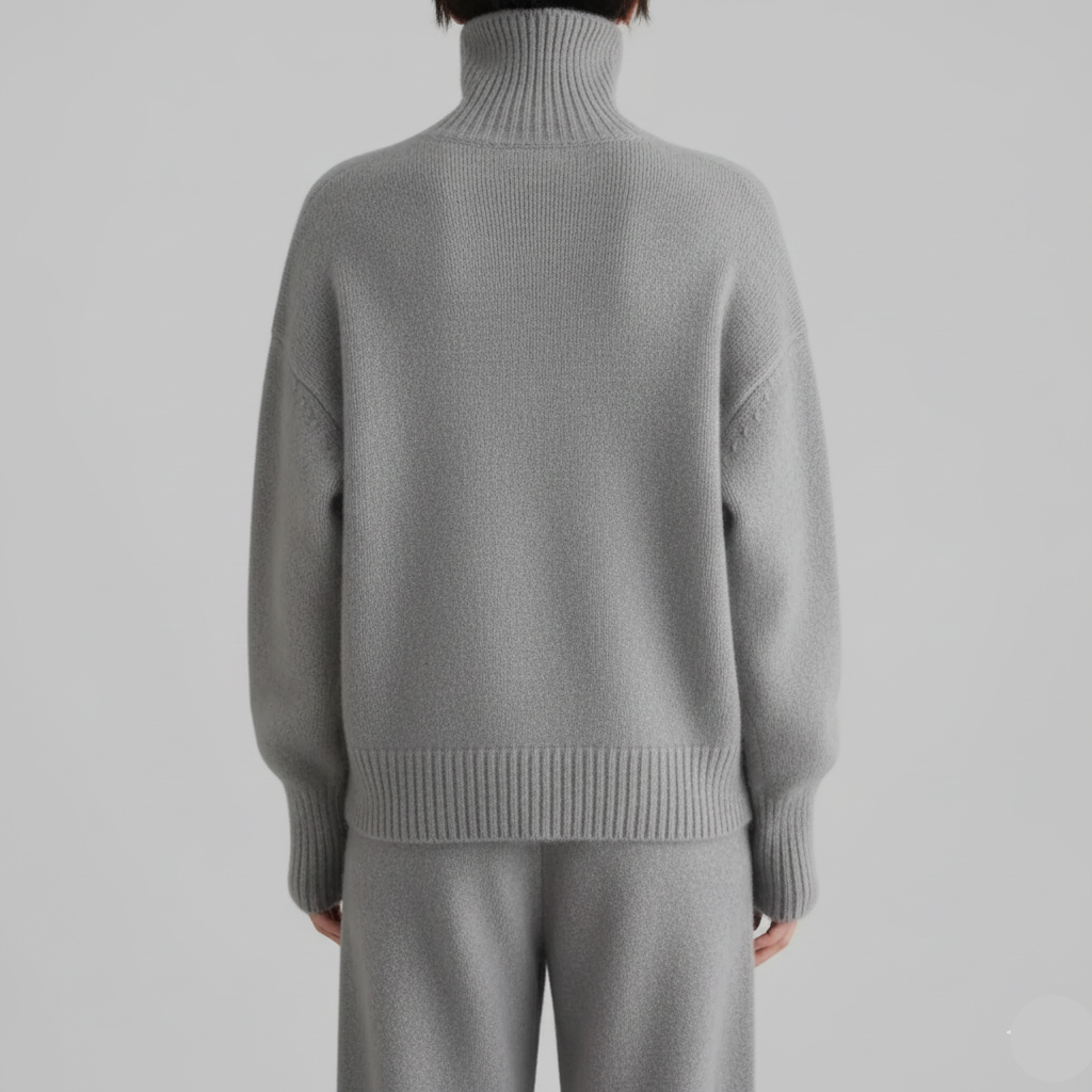 Widok z tyłu szarego swetra i spodni.