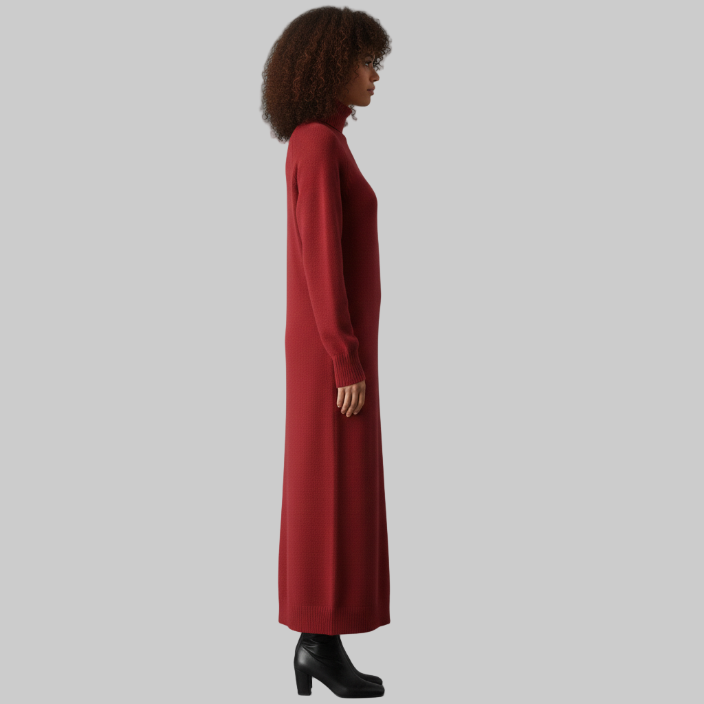 Wyobrażony profil z boku czerwonej sukienki z dzianiny z golfem, podkreślający prosty krój i prążkowane mankiety.