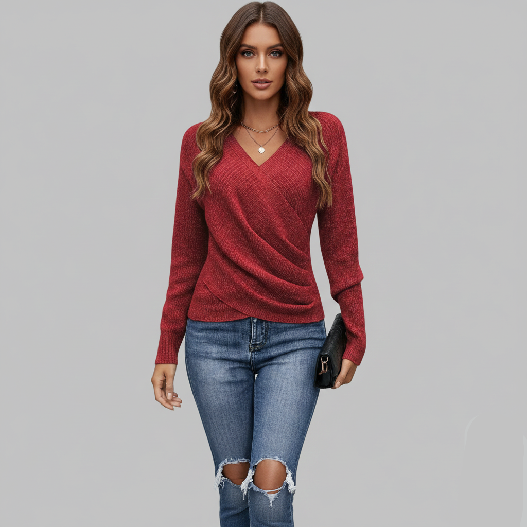 czerwony sweter z dekoltem w serek w stylu kopertowym w połączeniu z postarzanymi niebieskimi dżinsami, ujęcie z przodu.
