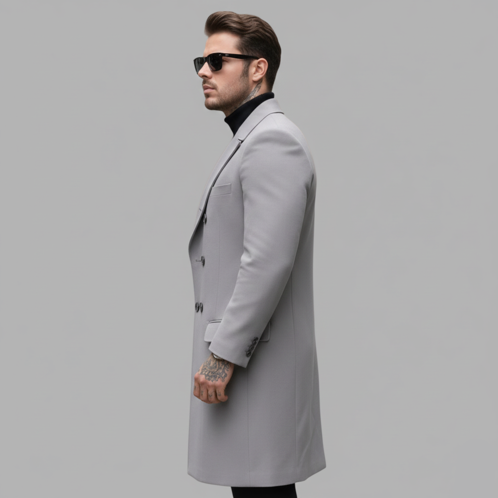 Widok z boku męskiego szarego długiego płaszcza o dopasowanym kroju.