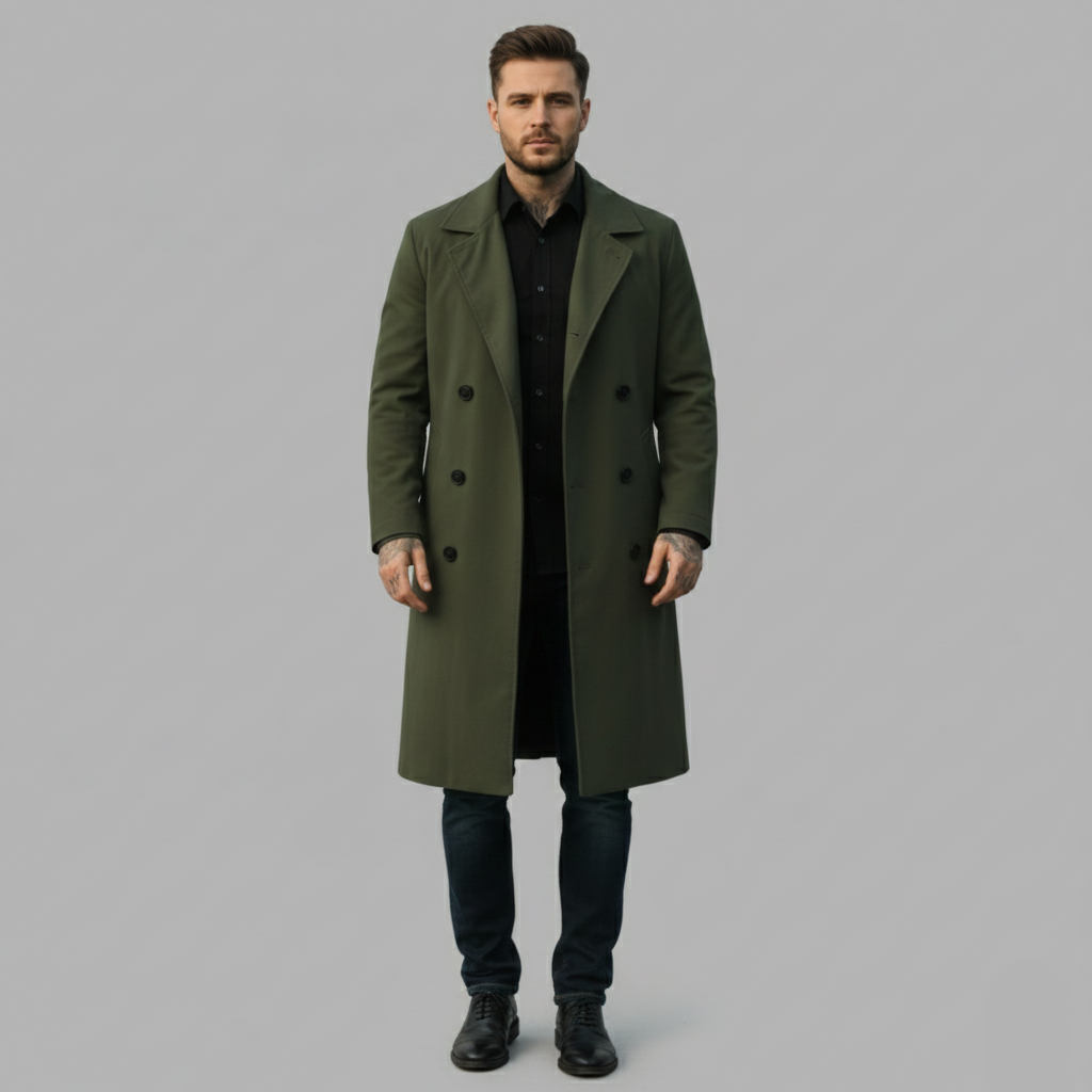Męski oliwkowy długi płaszcz w połączeniu z czarną koszulą, ciemnymi dżinsami i czarnymi butami.