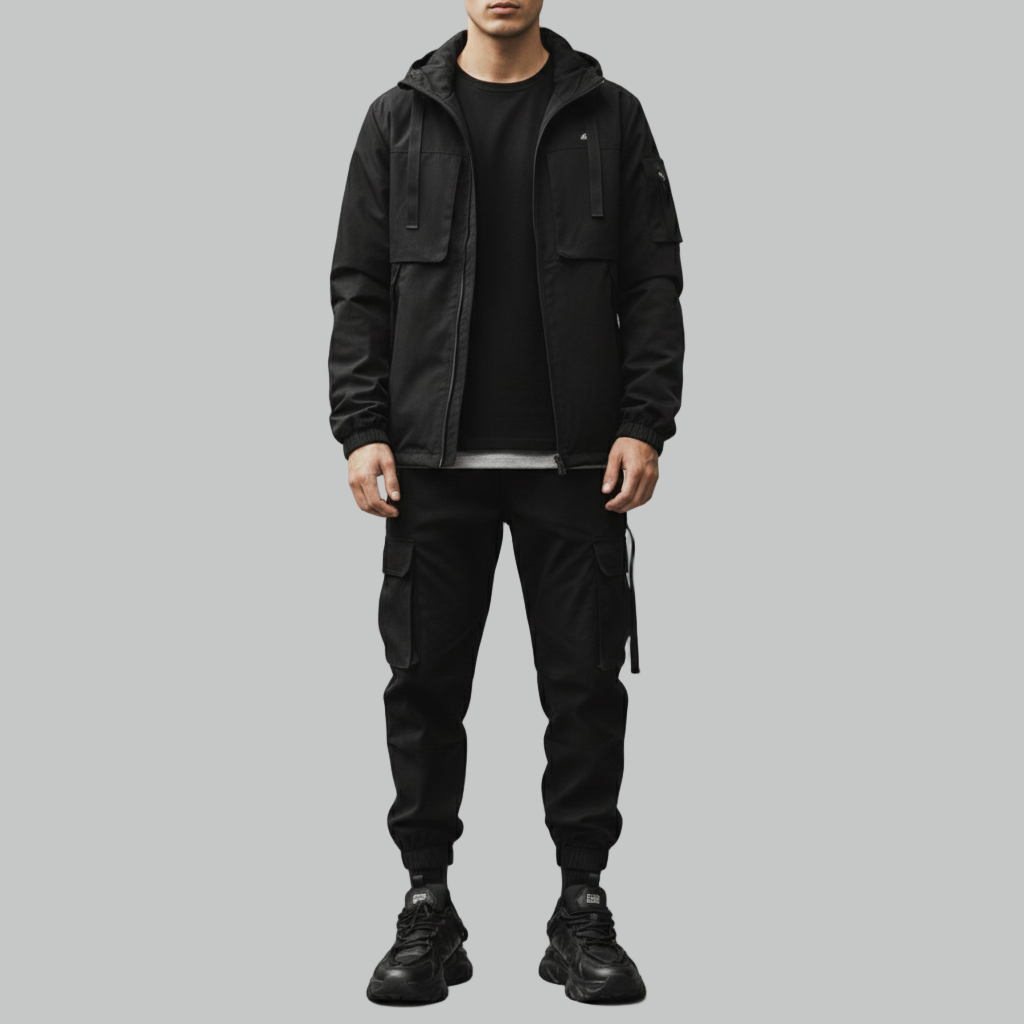 Męskie, całkowicie czarne, masywne sportowe trampki pokazane od przodu podczas noszenia, z teksturowaną podeszwą i warstwowymi detalami paneli.