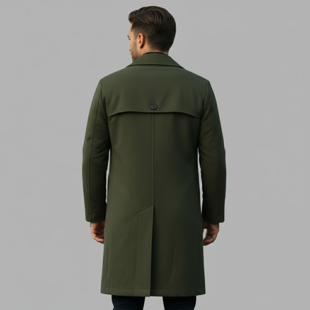 Widok z tyłu oliwkowo-zielonego długiego płaszcza o prostym kroju i ciemnych dżinsów.